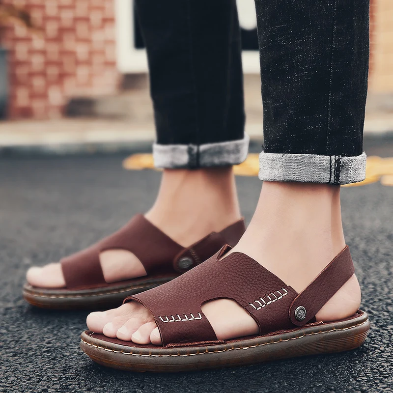 Summer Fashion Men Shoes Vintage Real Leather Non-slip Beach Slip-On Sandals Travel Flip Flop Slippers Black Brown