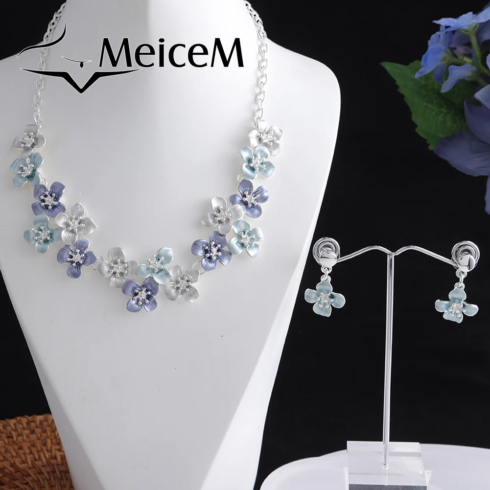 MeiceM Trendy Flowers Necklaces for Wedding Party Girls Gift Ornaments on the Neck Blue Enamel Chain Choker Pendant Necklace