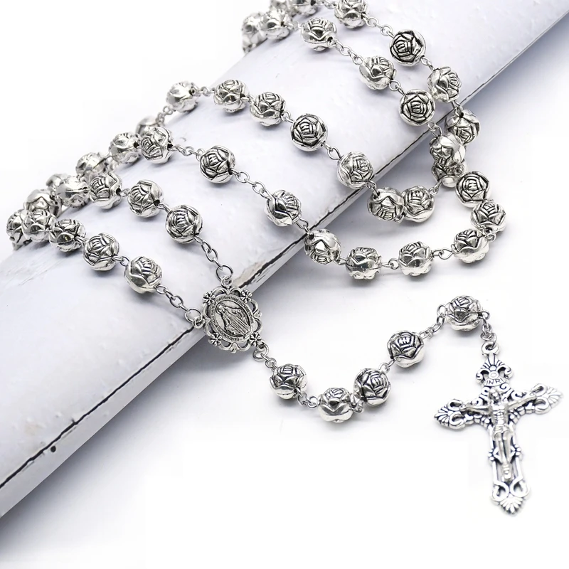 QIGO 10mm Vintage Cross Pendant Plastic Rose Rosary Necklace Catholic Prayer Jewelry Gifts