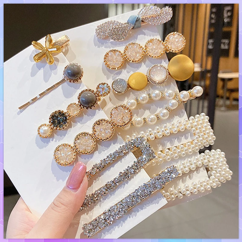 

Sweet Handmade Pearls Hair Clips Pin for Women Fashion Geometric Flower Barrettes Headwear Girls CrystalHairpins Hair Accessorie