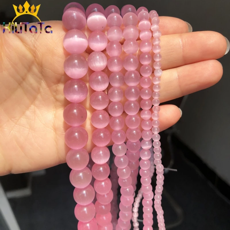 Pink Cat Eye Stone Round Beads Natural Loose Spacer Beads For Jewelry Round Opal Making DIY Bracelet 15\'\'Strands 4 6 8 10 12mm