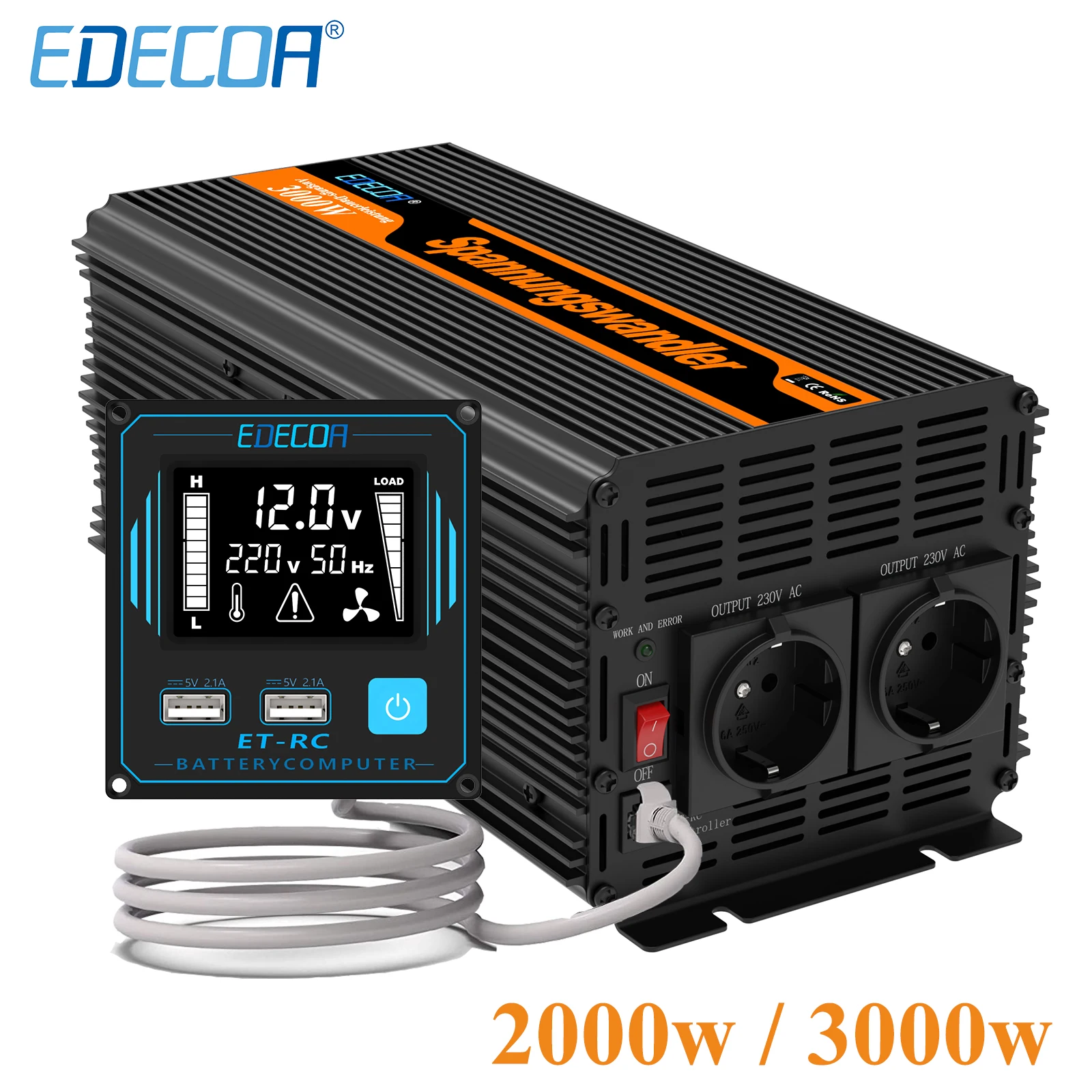 3000 W Edecoa 2000W Gemodificeerde Sinus Power Converter Dc 12V 24V Naar Ac 220V 230V Afstandsbediening 3000 Watt Auto Omvormer