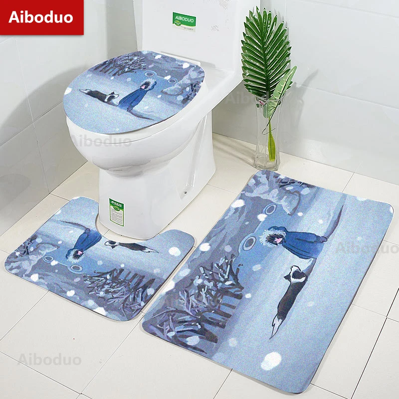 

Aiboduo Anime Snow Scene 3pcs/set Toilet Lid Cover Set S M Non Slip Carpet Bath Mat White Warm Home Decoration Cute Restroom Rug