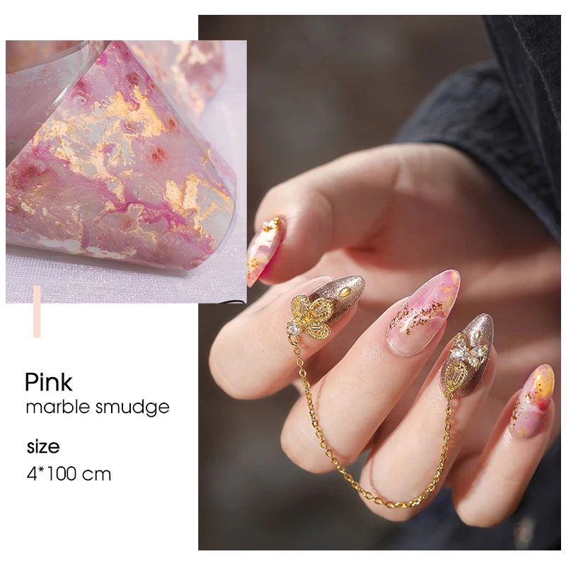 

100cm Pink Marble Leaf Nail Sticker Starry Sky Transfer Glossy Marble Paper Nail Art Decal Gel Slider