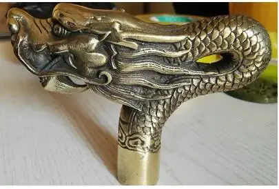 free shipping China Old Handwork Carving Bronze Dragon Statue Cane Head Walking Stick Free shipping