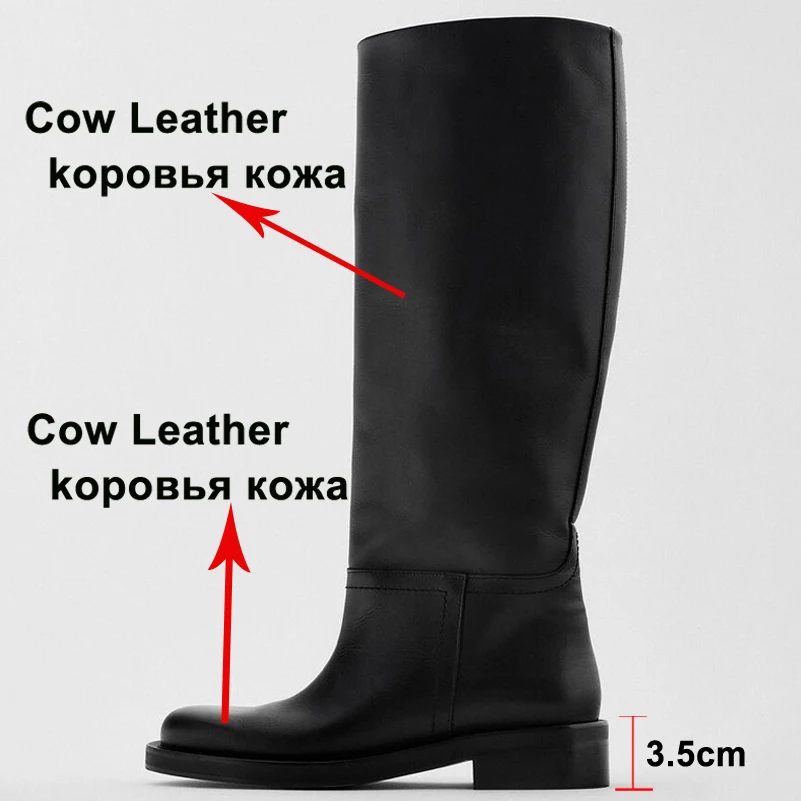 Meotina INS Women Genuine Leather Riding Boots Med Heel Round Toe Shoes Thick Heel Knee High Boots Lady Autumn Winter 42 Brown