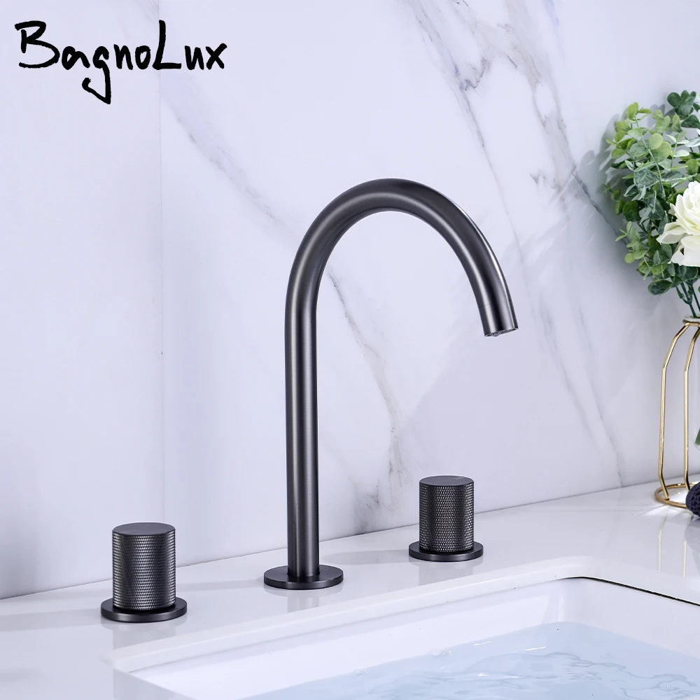 Bagnolux Brass Widespread Double Handle Three Hole Gunmetal Deck Mounted Hot And Cold Water Mixed Type Bathroom Basin Faucet