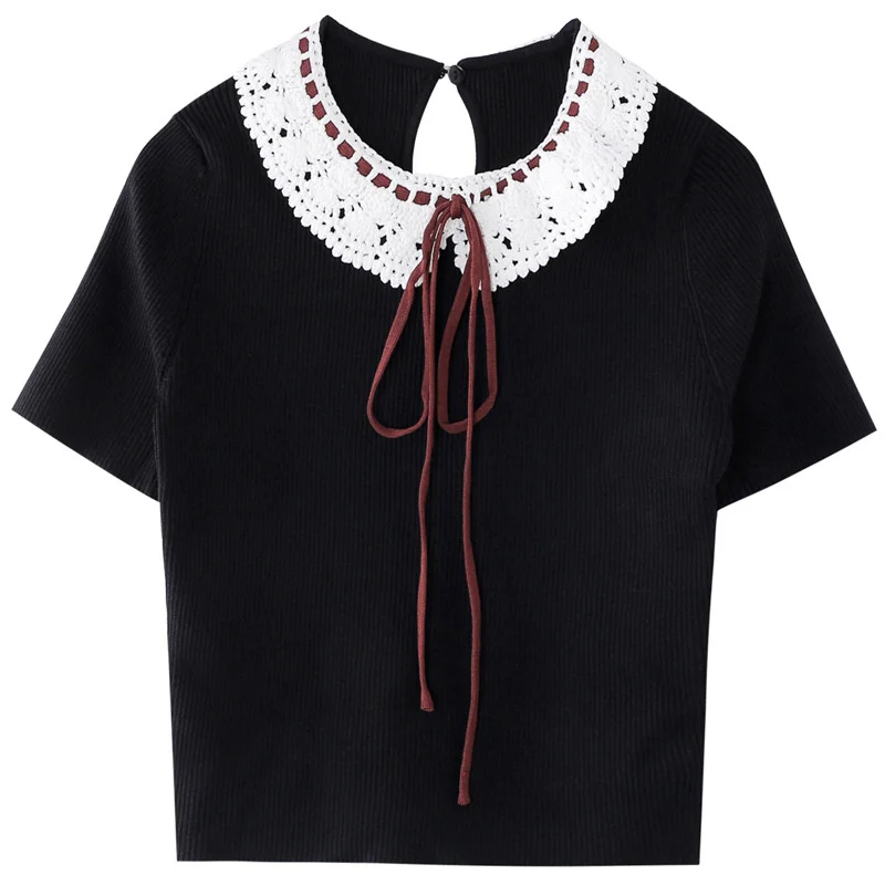 Womens Summer Bow Sweet Short Sleeve T Shirt Streetwear Lace Collar Slim Solid Black Tops Elegant Fashion Thin T Shirt Female