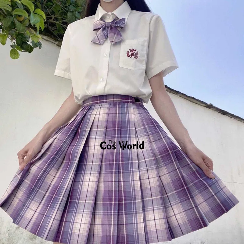 [Violet] Japanese Summer High Waist Pleated Plaid Skirts For JK School Uniform Students Cloths