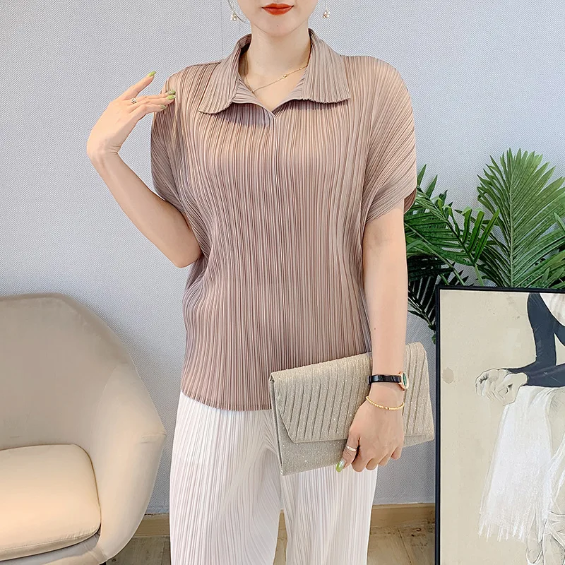 

Pleated Top 2021 Autumn New Lapel Powder Loose Large T-shirt Looks Thin Tops