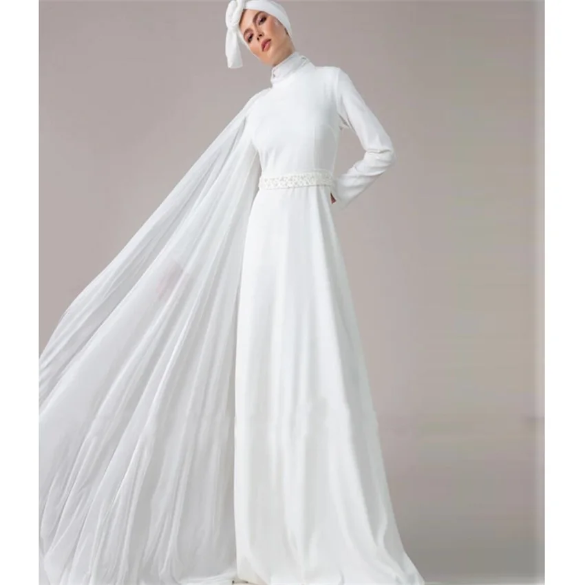 Muslim Arabian Wedding Dress Customizable Color Lace Applique Headband Long Sleeve A-line Bridal Gown