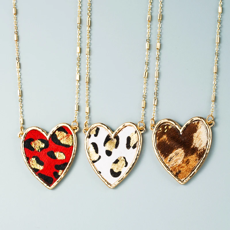 New Valentines Gift Beads Chain Big Heart Shaped Horse Hair Leopard Love Pendants Necklace Women