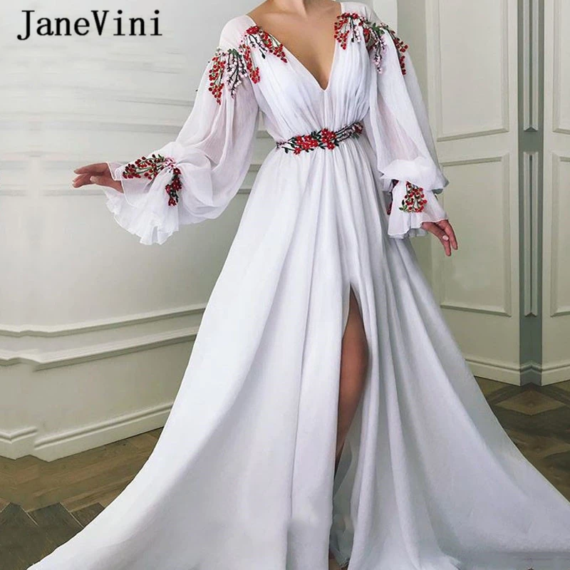 JaneVini 2020 Sexy Arabic White Long Sleeves Evening Dresses Deep V Neck Red Flowers Chiffon A Line Plus Size Women Dinner Gown