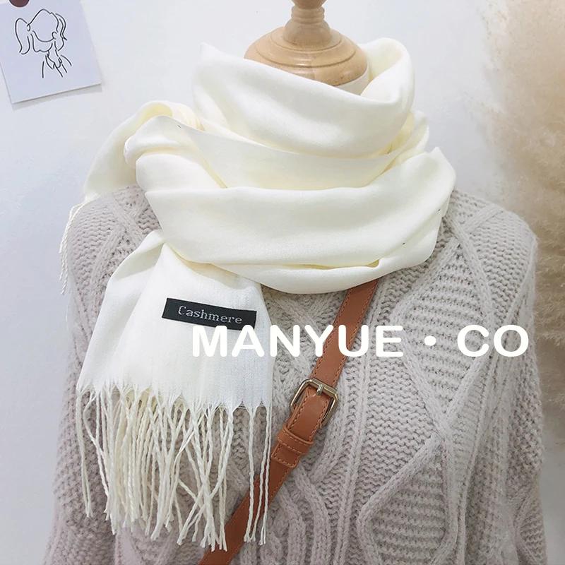 Solid Color Hijabs Cashmere Like Scarf Women Winter Warm Long Shawls And Wraps Hijab Scarves Pashmina Tassels Thin Headband