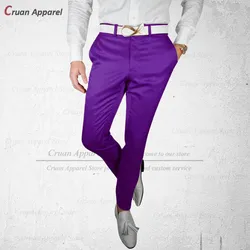 Calças masculinas luxuosas de cetim roxo, slim fit, calças masculinas formais de negócios, padrinhos feitos sob medida, calças de casamento do noivo, 2022