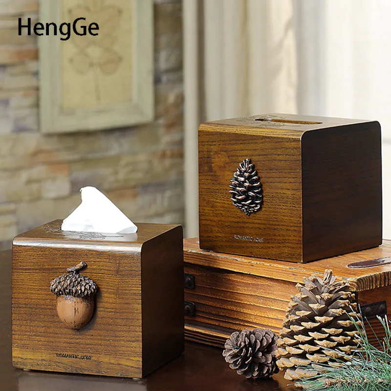 Nordic Solid Wood Tissue Box Desktop Decor Creativity Pine Cones Relief Square Tissues Holder Coffee Table Desktop Paper Box