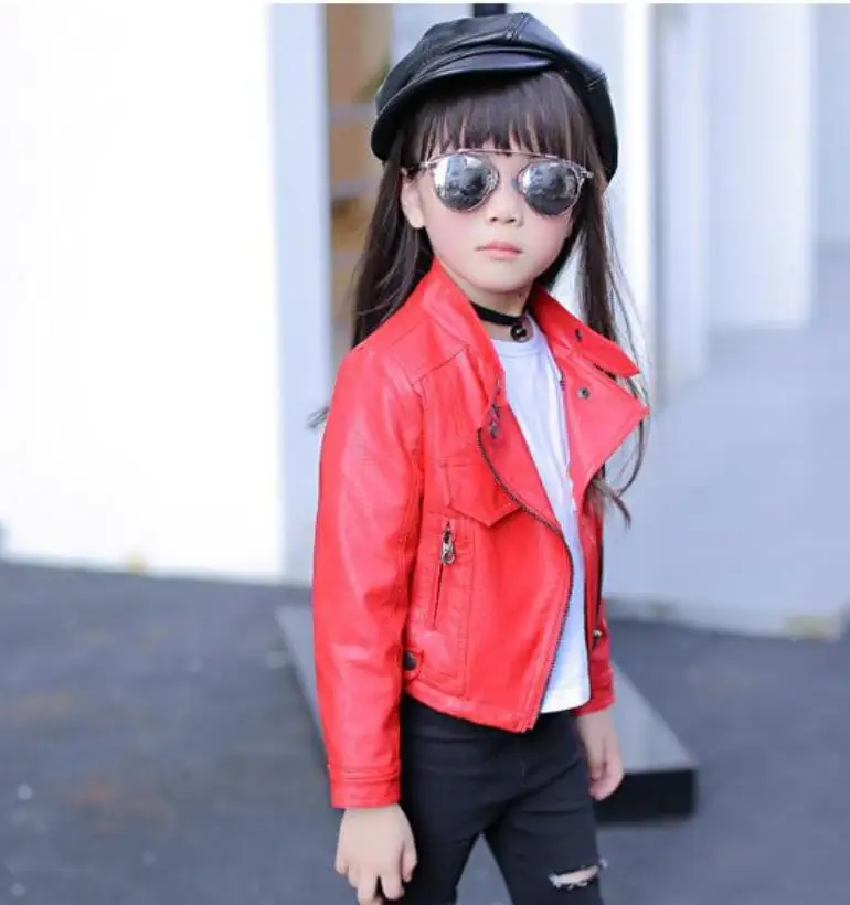 2021 New Autumn Winter Baby Girls Solid color lapel PU leather Kids Fashion Leather Jackets Children Outerwear Clothes 3-12Y