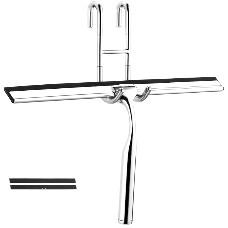 Stainless Steel Shower Wiper, Shower Squeegee without Drilling, Window Puller, Wall Hanger, 2 Silicone, 31cm