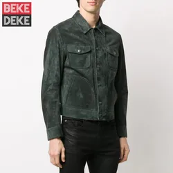 Vintage Genuine Leather Jacket Men Slim Fit Turn-Down Collar Motorcycle Short Coat Suede Sheepskin Cargo Coat Fashion Outerwear