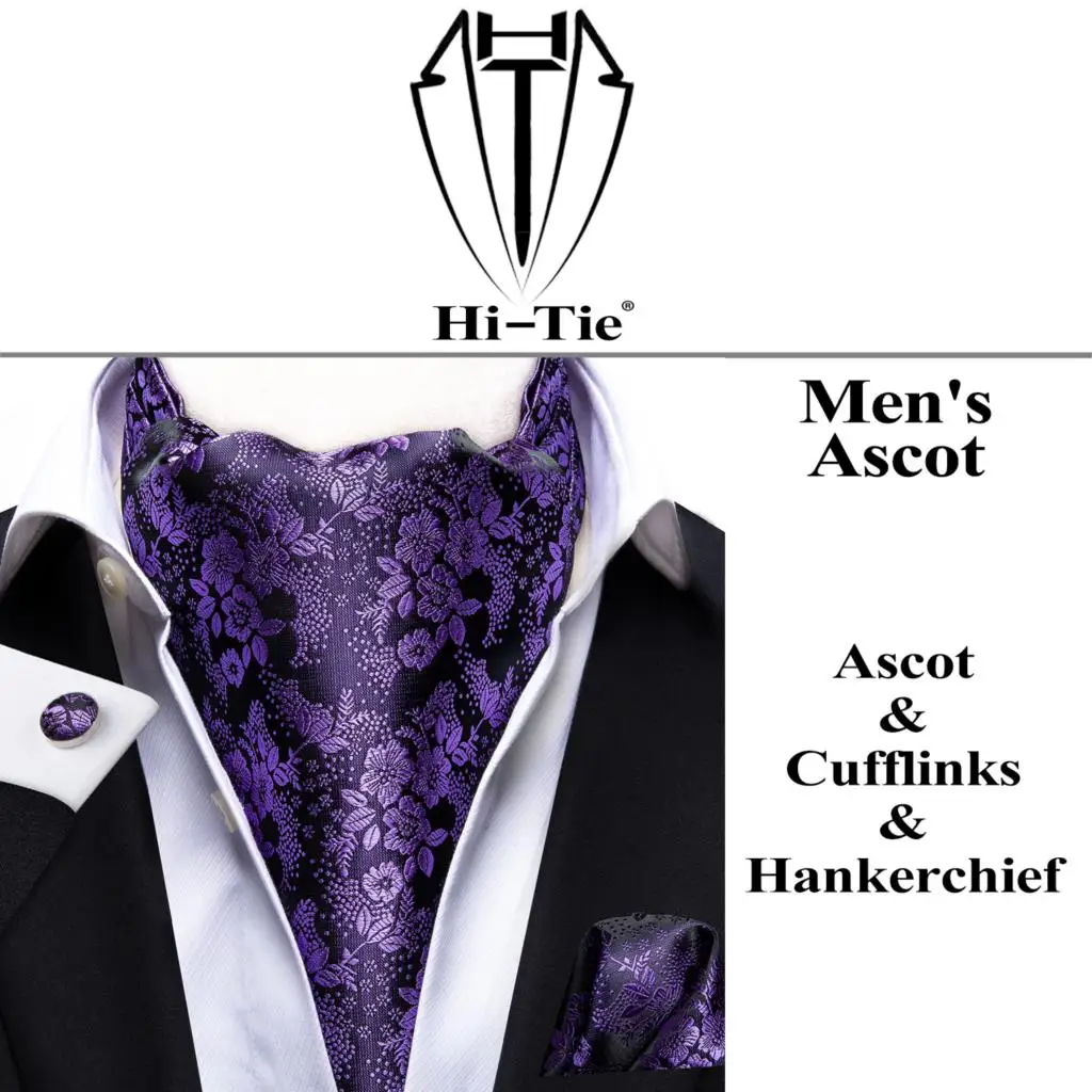 Hi-Tie Silk Men's Ascot Tie Pocket Square Cufflinks Set Cravat Ascots Scrunch Self British Style Gentleman Dress Scarves Party