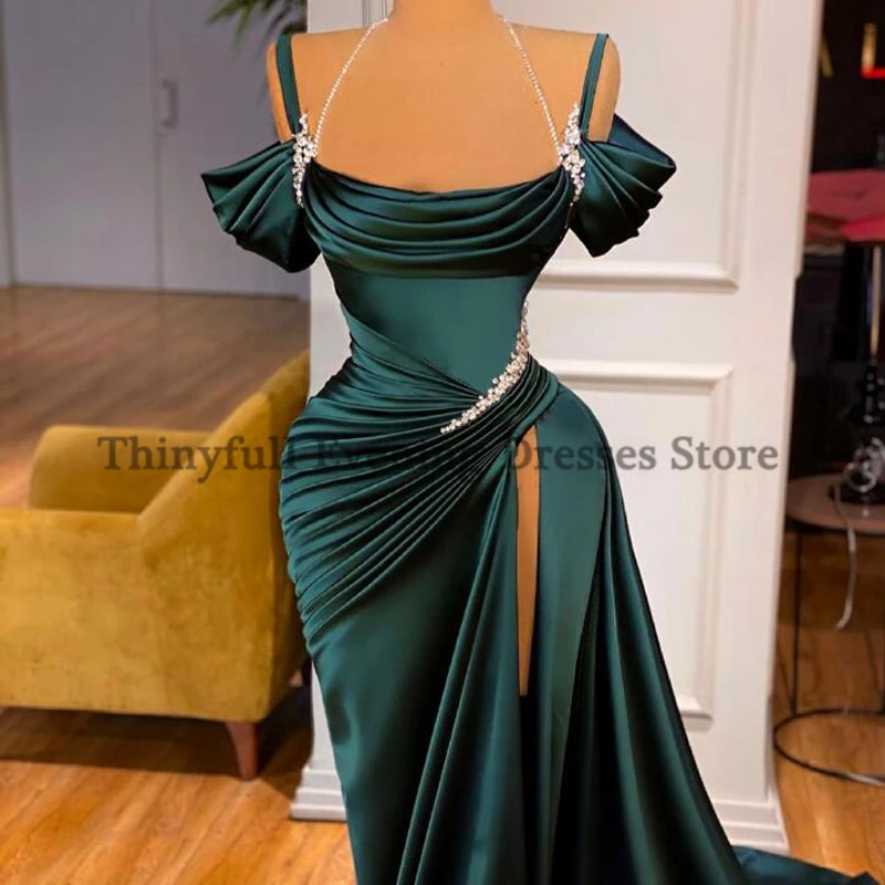 Thinyfull Dark Green Prom Dress Sexy Beadings Floor Length Mermaid Off Shoulder Split Evening Dresses Dubai Arabic Customized