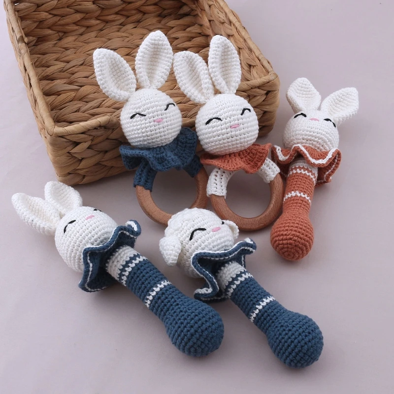 DIY Crochet knitting Bunny Sheep Baby Teether Rattle Wooden Teething Ring Newborn Music Rattle Educational Montessori Toys  Gift