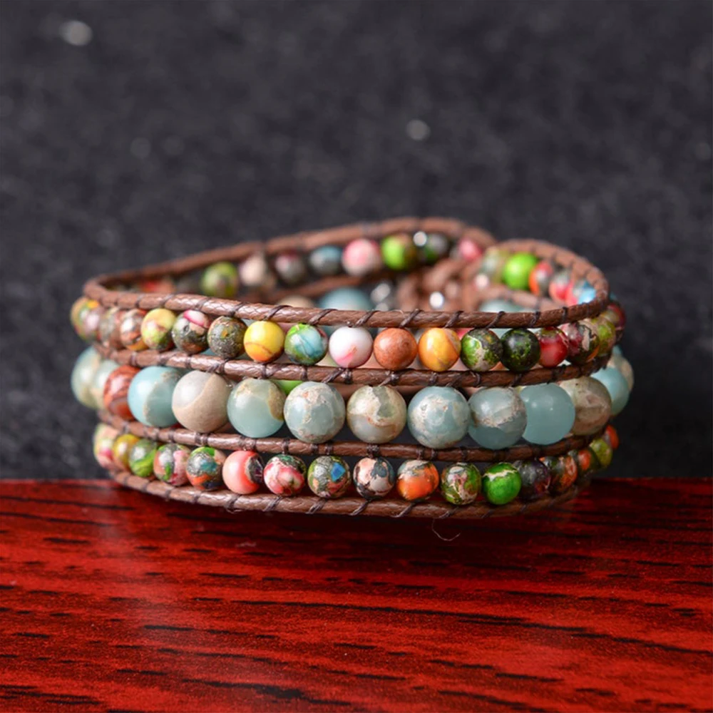 4mm Emperor Stone 6mm Agalmatolite Wrap Bracelet For Women Jewelry Boho Multicolor Beads Cuff Bracelets Bangles Sunflower Clasp