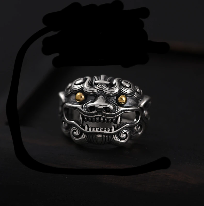 Ring for Men\\'s Adjustable Size Wenwan Personality Trend Retro Chinese Style Lion Ring Jewelry Gift