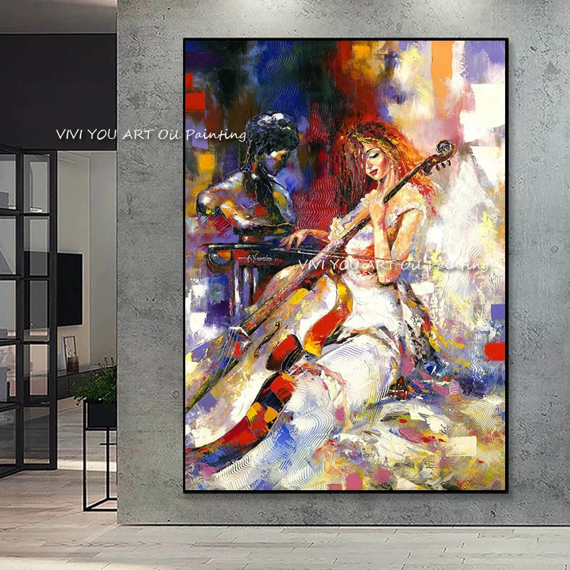 Large Size Hand-Painted Musician Woman Oil Painting, Palette Knife Cello Figure Vertical Canvas Wall Decor