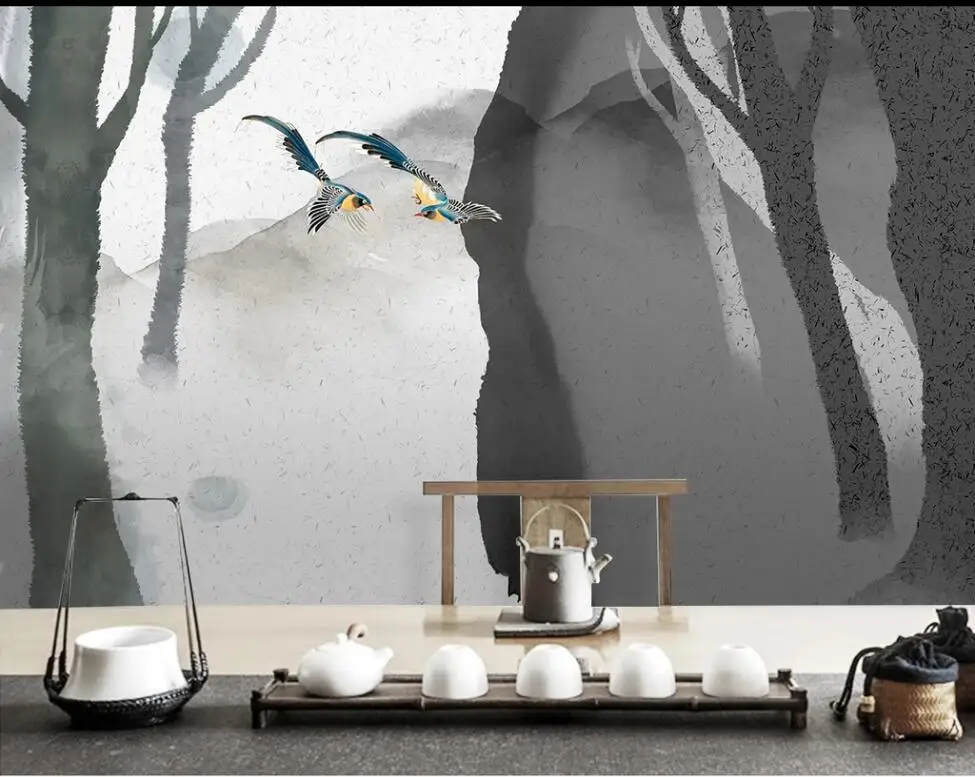 

XUE SU Custom wallpaper mural new Chinese Zen hand-painted ink woodland landscape background wall covering