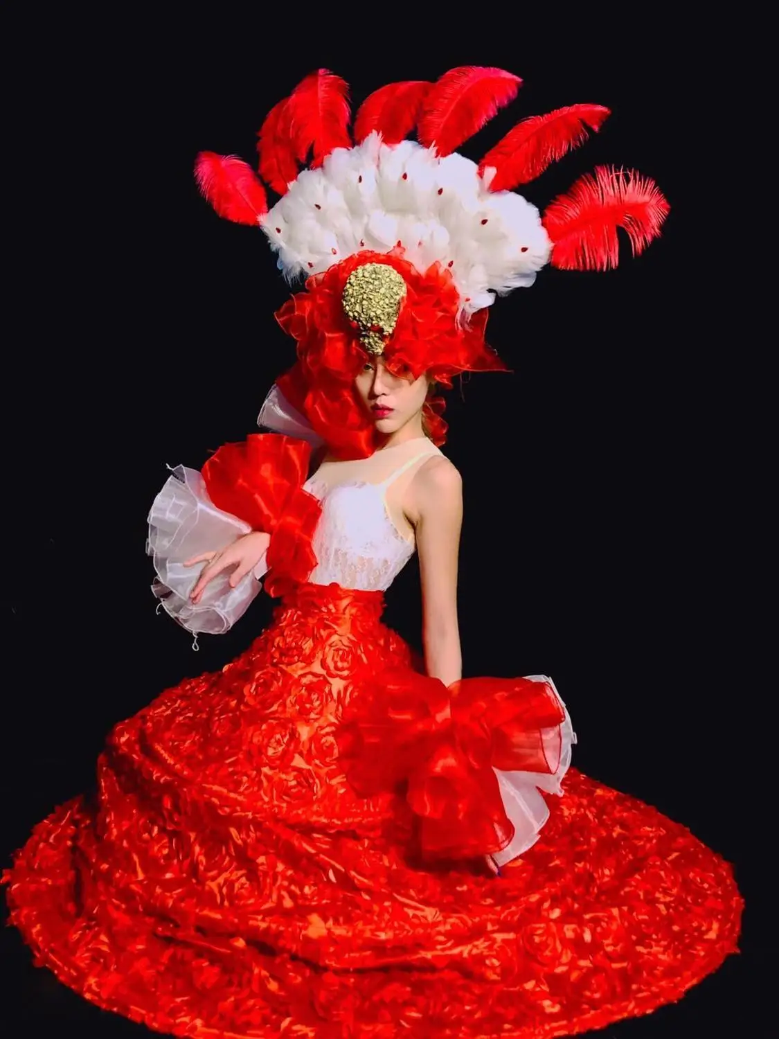 Red stage dance dress rose skull headgear women cosplay party show dance costume