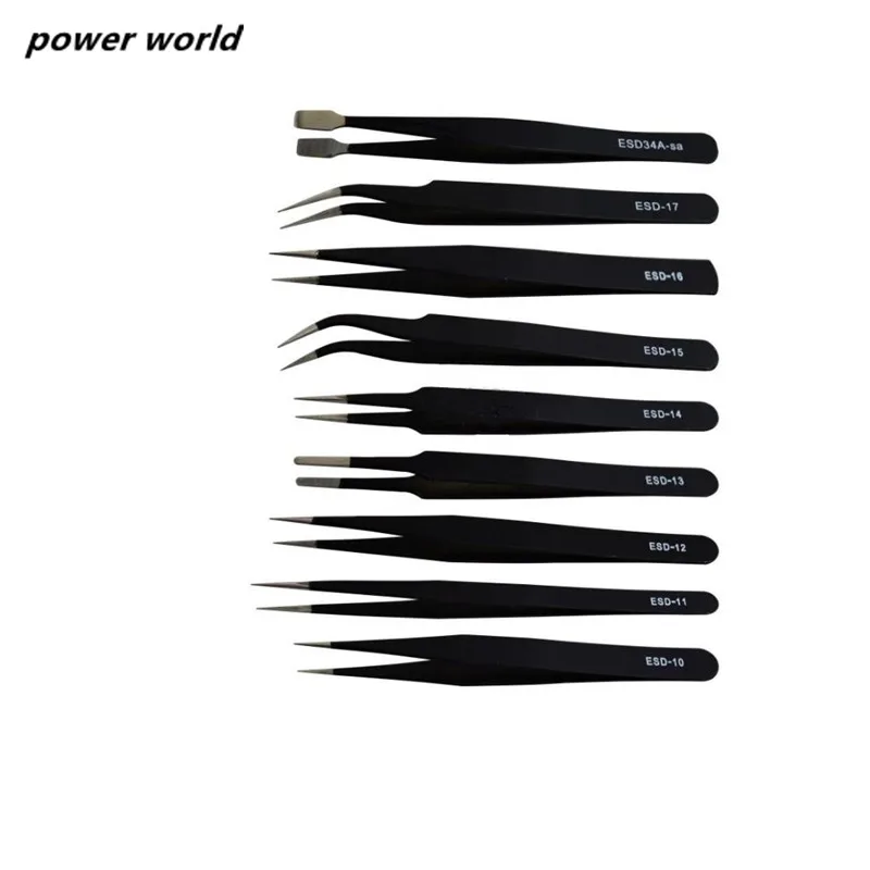 

Stainless steel Antistatic tweezers Black straight head, round head, elbow, flat head and pointed end ESD tweezers set