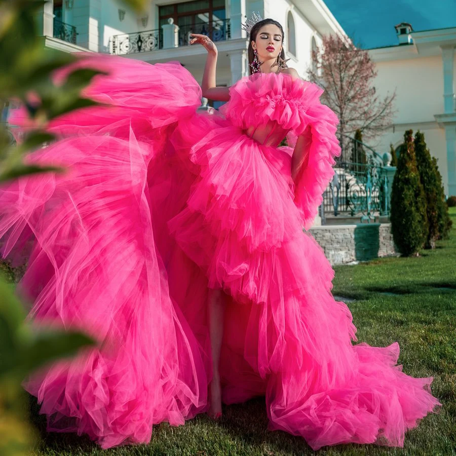 Gorgeous Fuchsia Lush High Low Tulle Prom Gowns One Shoulder Ruffles Tiered Long Women Event Dresses Outfit Bridal Dress