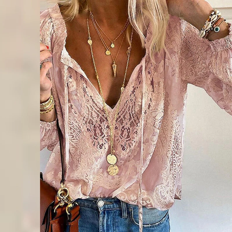 Women Solid Casual Shirt Single-Piece Set Sexy Hollow Out V-Neck Long Sleeve Blouses Female Loose Streetwear 2022 Chic XXXL Tops