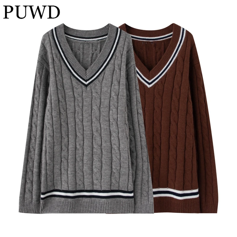 PUWD Vintage Women V Neck Knitwear Patchwork Ladies Soft Knitted Pullover Streetwear 2021 Autumn Fashion Female Chic Sweater