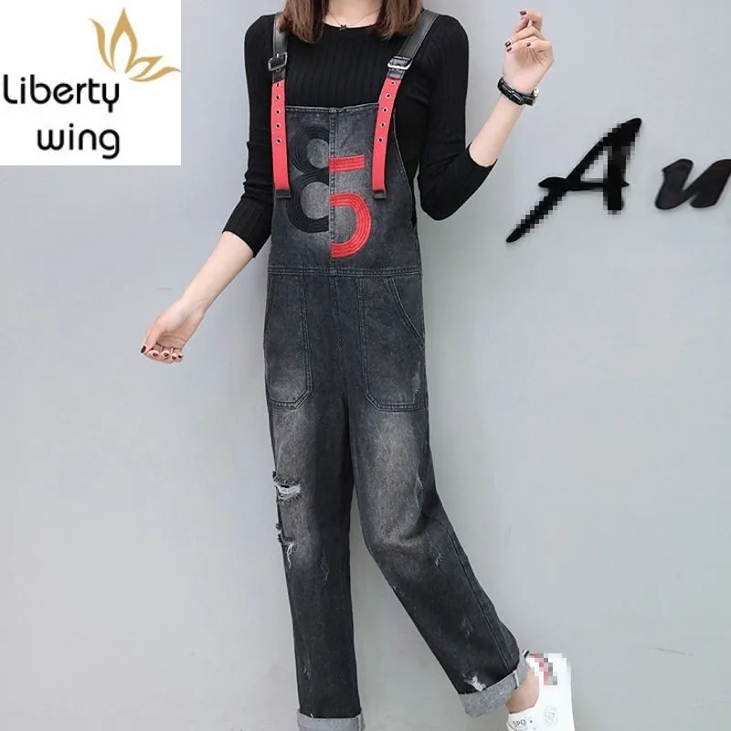 Herbst Neue Mode Frauen Lose Fit Denim Jeans Casual Loch Gerissen Overalls Weibliche Playsuits Europäischen Stickerei Große Größe 5XL