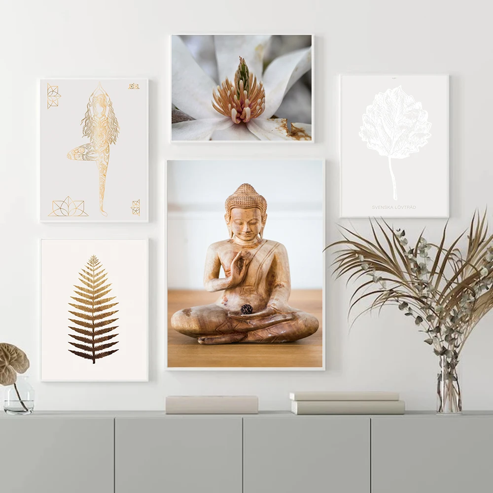 Zen Buddha Statue Poster Golden Leaf Yoga Canvas Prints Minimalist Flower Wall Art Picture Painting Buddhism Modern Home Decor