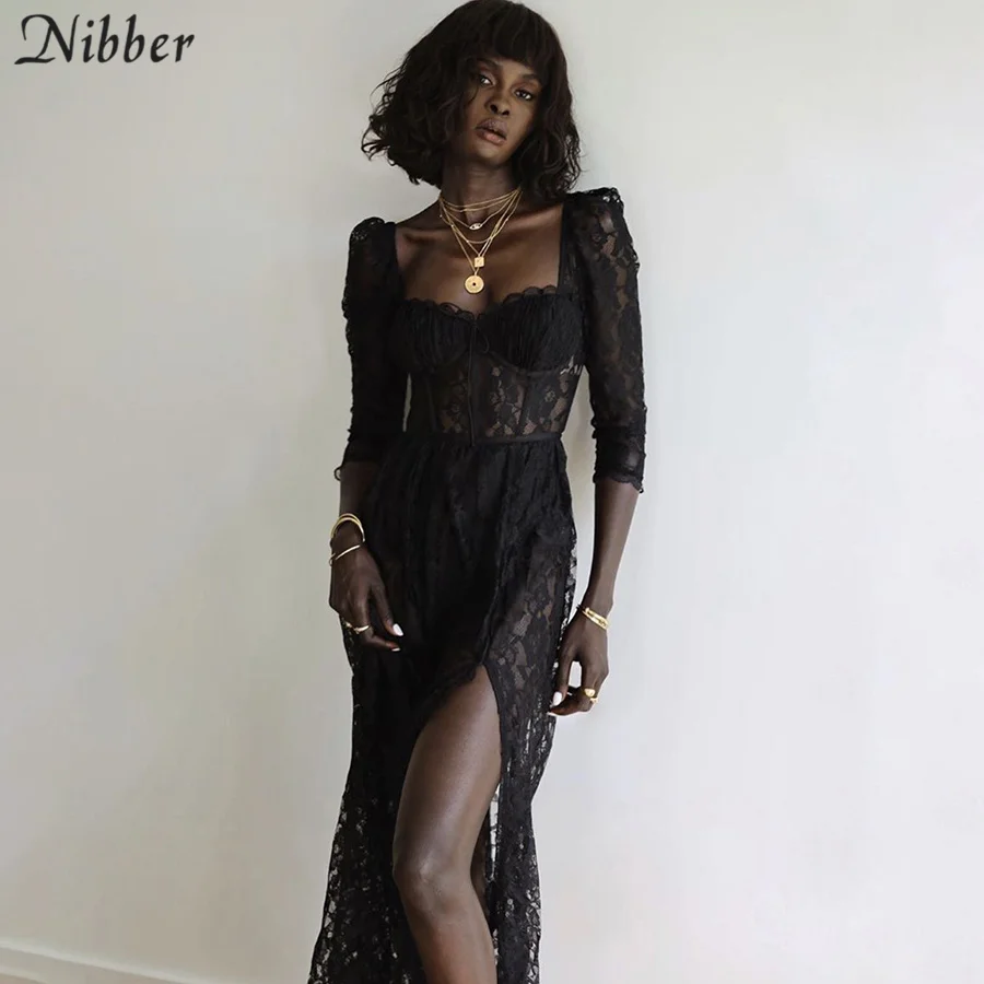 Nibber Sexy Hollow See-Though Elegant Dresses Bodycon For Womens Lace 2021 Summer Party Female Loose Long Dress Mujer Vestidos