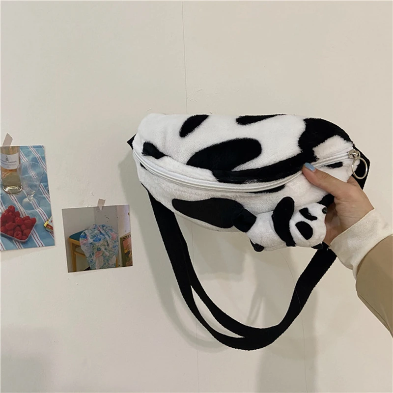 Cute Cow Winter Pattern Women Belt Bags Designer Shoulder Bag Plush Messenger Bag Fanny Pack Lady Hobos Bum Hip Bag Big Purse