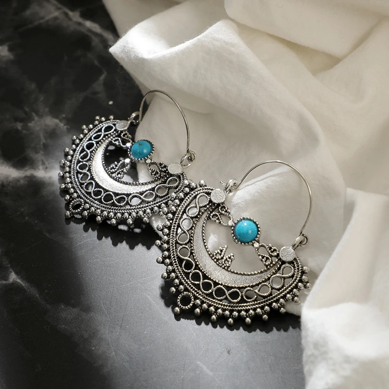 Bohemian Vintage Antique Silver Color Earrings for Women Hollow Carve Flowers Gypsy Tribal Ethnic Dangle Earrings серьги