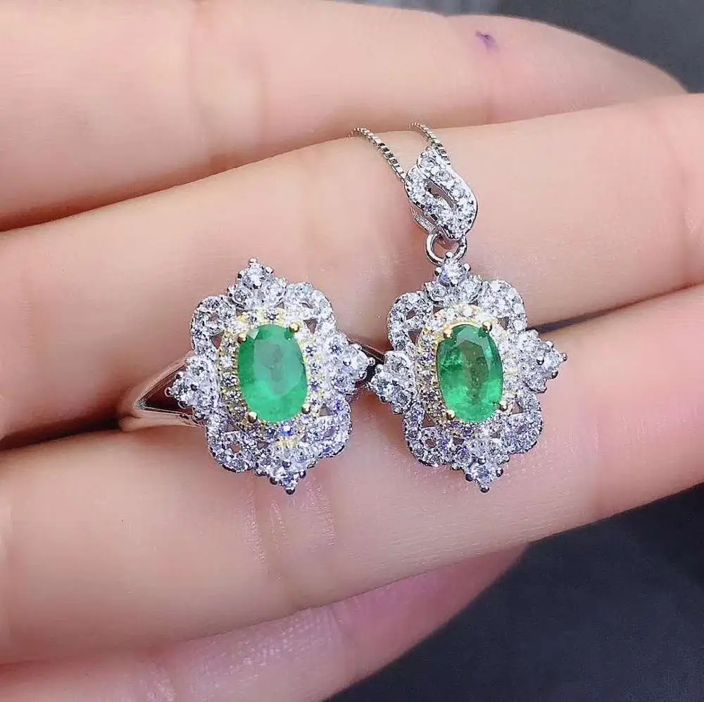 

Real Natural Emerald jewelry set Natural Real Emerald 925 sterling silver 1pc pendant,1pc ring