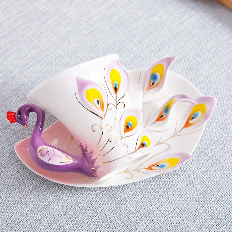 Creative 3D Hand Crafted Porcelain Enamel Peacock Coffee Cup Set with Saucer And Spoon Present Ceramic Tea Water Cup Dish Gift