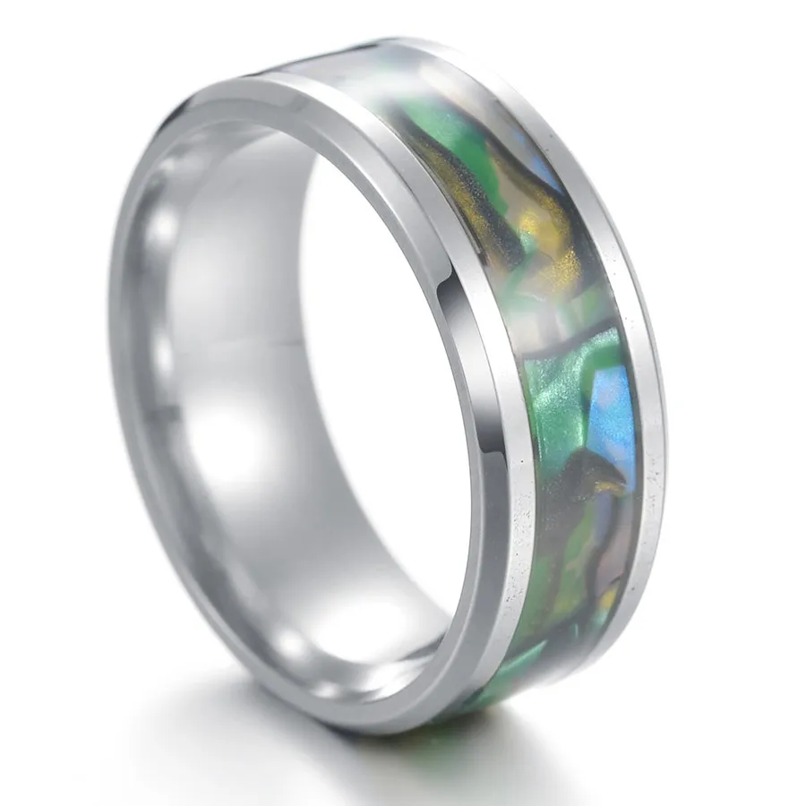 8mm Rings For Women Abalone Shell Stainless Steel Rings Engagement Ring Rainbow Rippled Abalone Inlay Stainless Steel