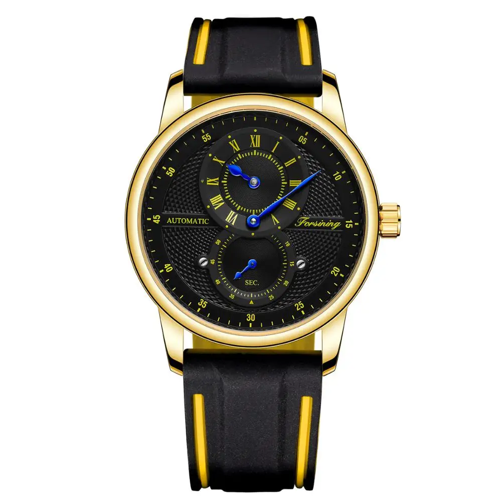 

Forsining Double Eyes Three Needles Casual Sports Black Yellow Men's Automatic Mechanical Watch with Silicone Strap