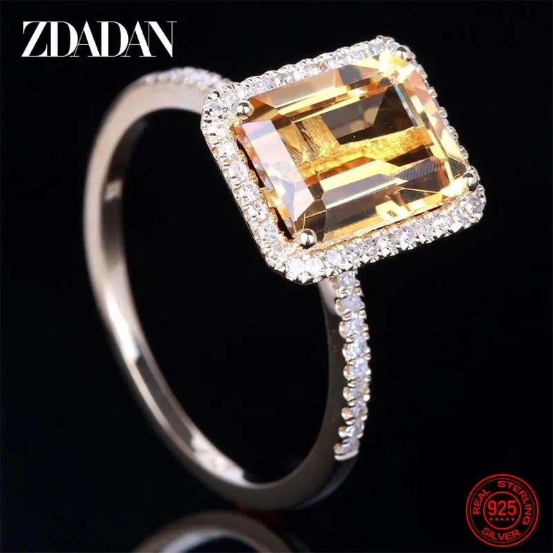 ZDADAN 925 Sterling Silver Fashion Square Gemstone Ring For Women Wedding Jewelry Gift