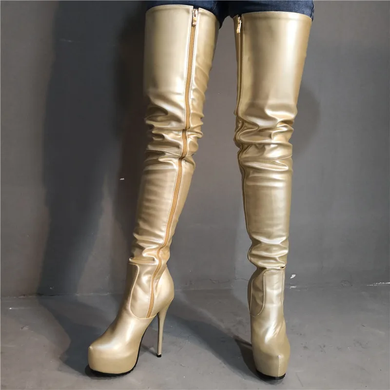 

Real Photo Runway Trendy Shoe Woman Overknee Gold Platform High Heels Stiletto Leather Thigh High Crotch Boots Sexy Ladies