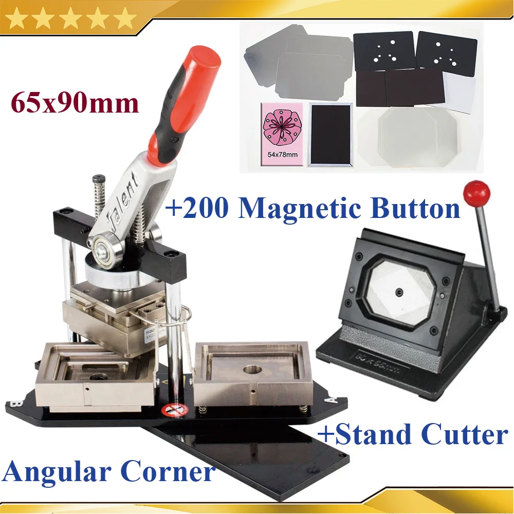 N4 Angular Corner 65x90mm Rectangular Button Maker Badge Making Machine+Stand Cutter + Mold with 200 Sets Fridge Magnet