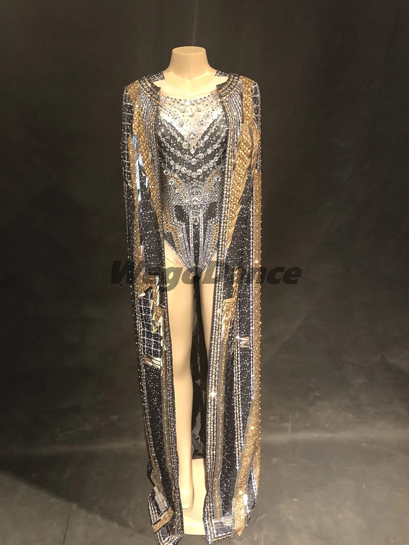 Women Beyonce Nightclub Party Stage Wear Bling Costumes Sexy Cape Full Of Silver Gold Sparkling Crystals Clothing