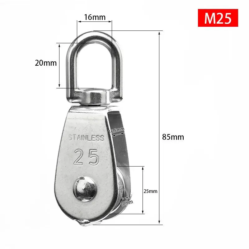 1Pcs M25 Stainless Steel Wire Rope Crane Pulley Block Lifting Crane Swivel Hook Single Pulley Block Hanging Wire Towing Wheel