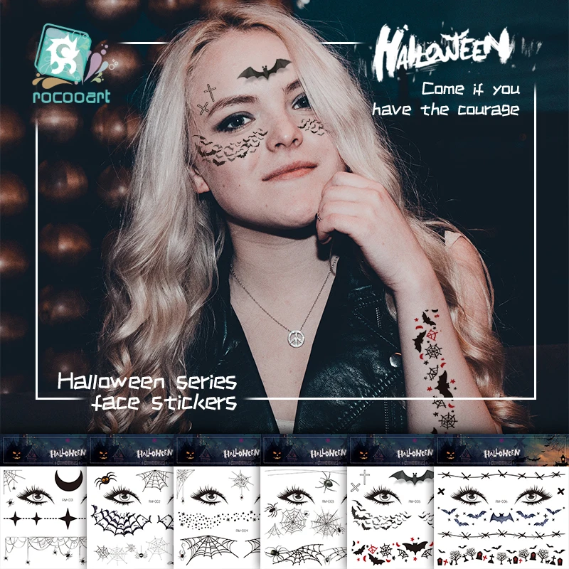 Rocooart Halloween Temporary Tattoo Stickers Bat Spider Fake Tattoo Waterproof Face Tattoo Facial Makeup Stickers Dress Up Tatoo